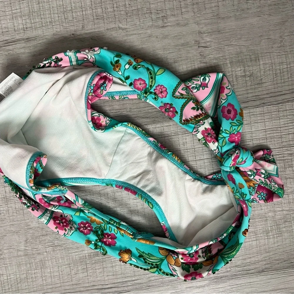 CIA.MARÍTIMA BRASIL Beaded Side Tie Floral Pink Turquoise Bikini Bottom Medium